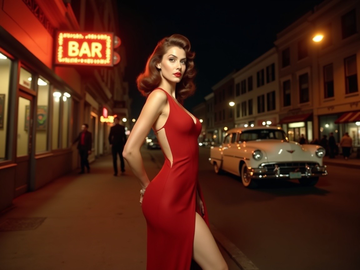 Glamorous Woman in Red Gown on Dimly Lit Street