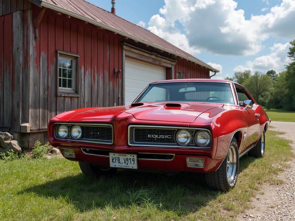 Red Muscle Car Parked by Rustic Barn and Greenery