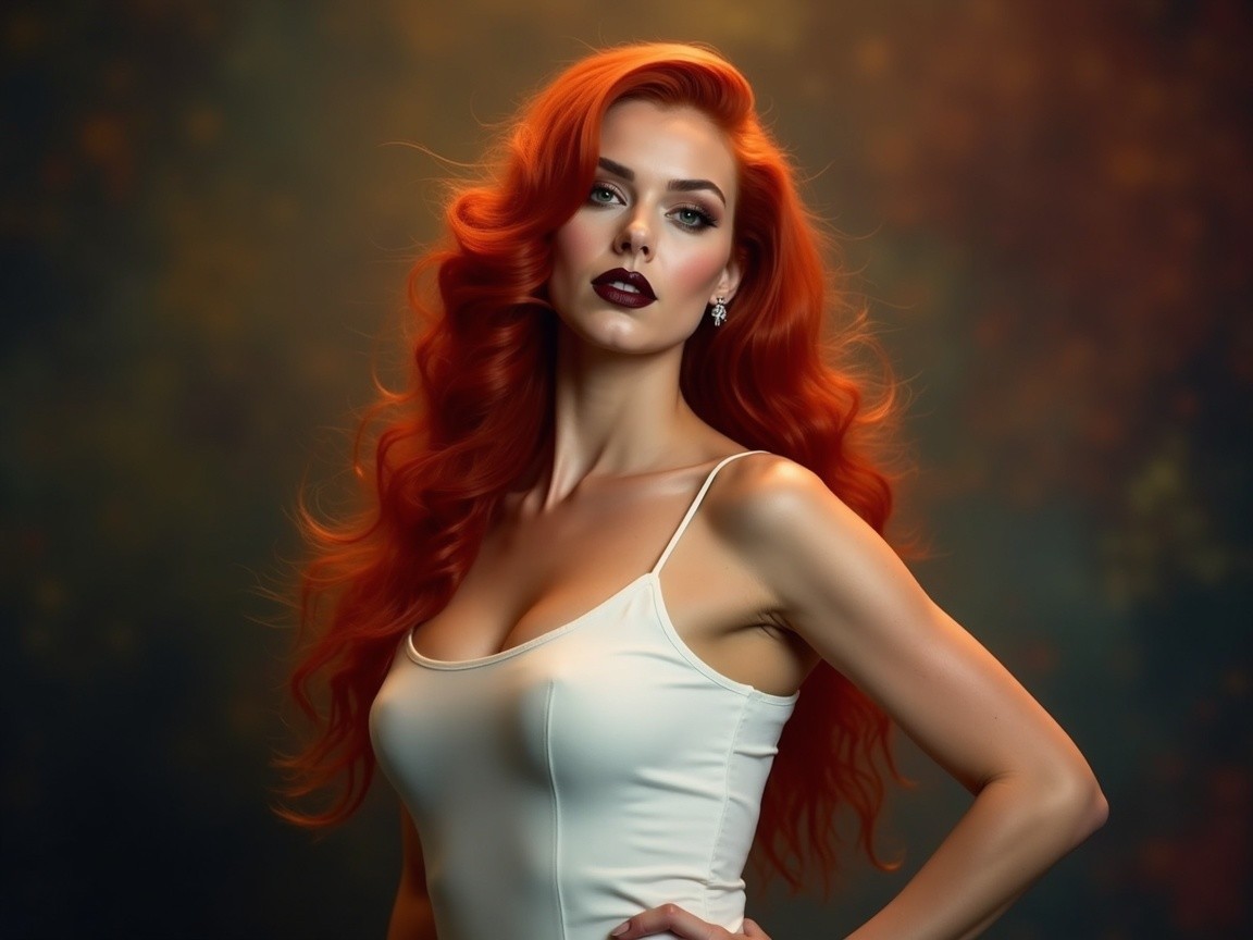 Portrait of a woman with vibrant red hair and bold makeup