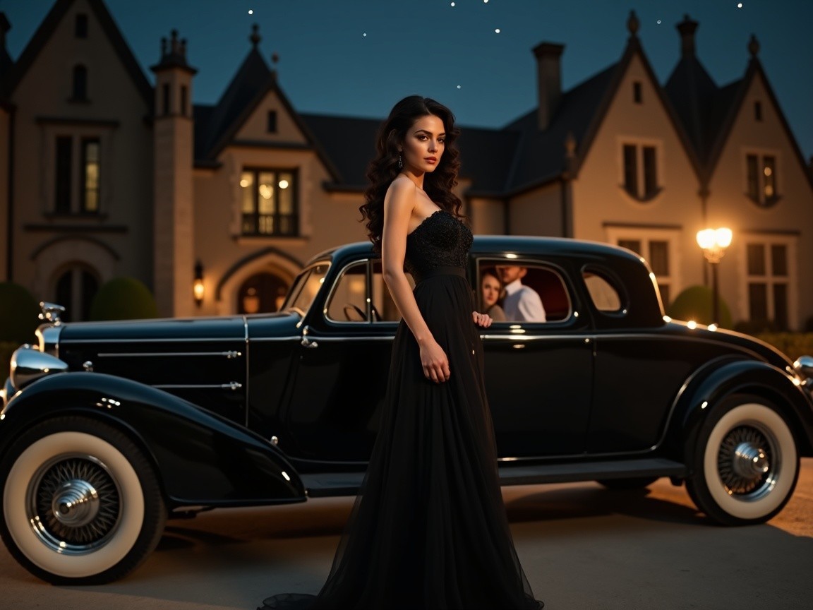 Glamorous Woman in Black Gown by Classic Car and Mansion