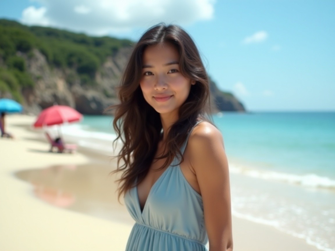 Young woman in light blue dress on sandy beach