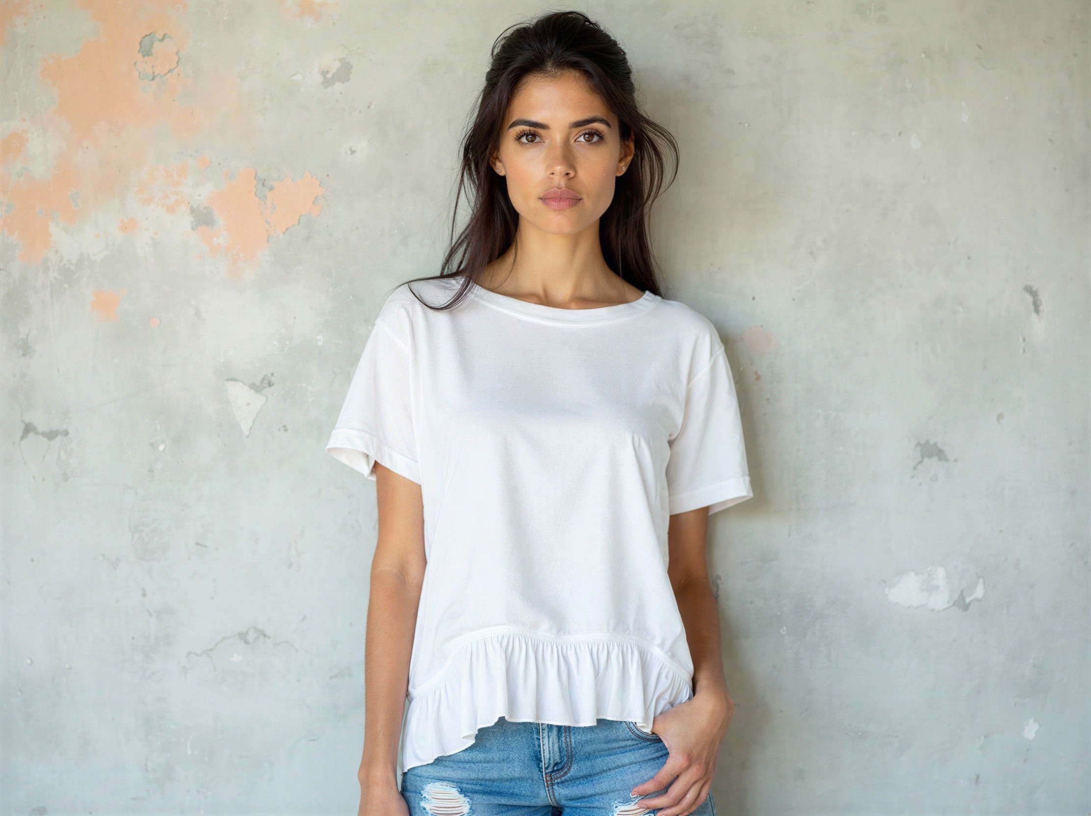 Young woman in casual attire by distressed wall