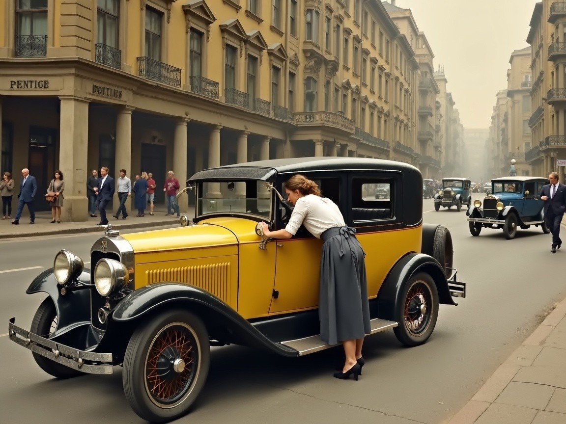Nostalgic street scene with vintage cars and fashion