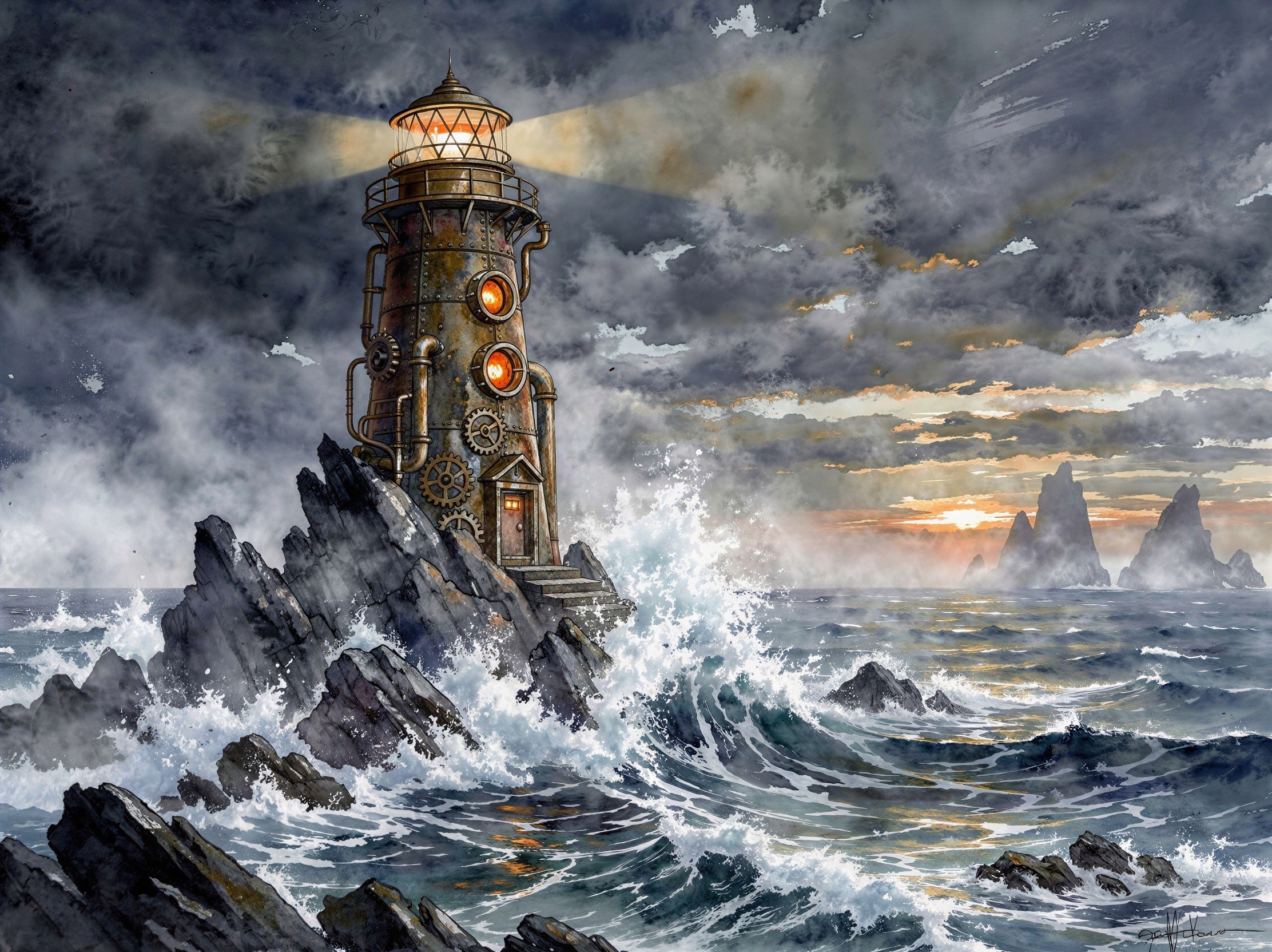 Steampunk Lighthouse Amidst Stormy Sea and Dark Clouds