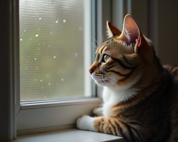 Close-up of a cat by a window on a rainy day