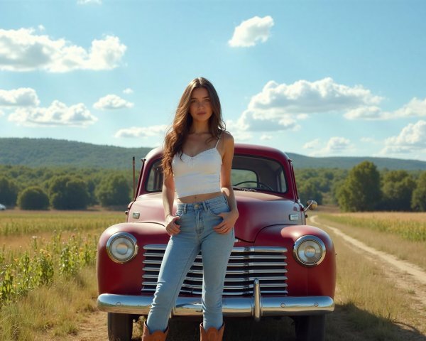 Caucasian Woman by Vintage Pickup Truck in Rural Setting