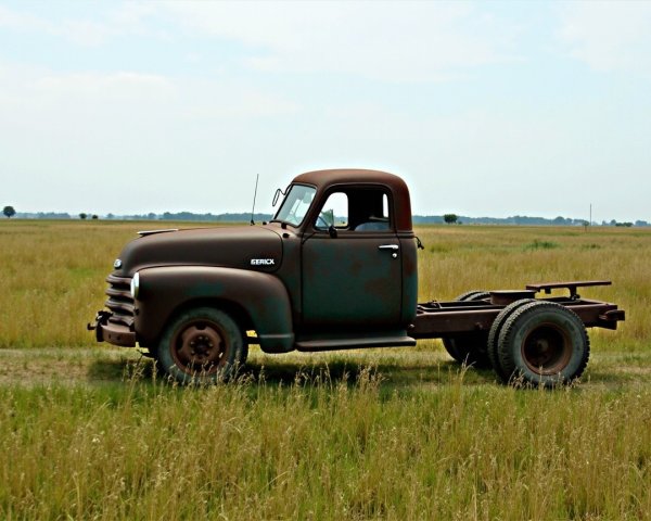 Vintage Rust-Colored Pickup Truck in Grassy Field