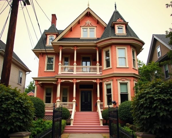 Victorian House with Pink Exterior and Architectural Details
