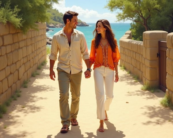 Couple Walking on Sandy Pathway by the Beach