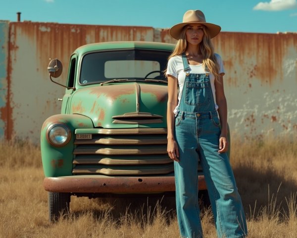 Young Woman by Vintage Green Truck in Nostalgic Setting