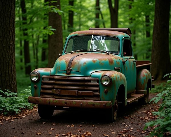 Vintage Turquoise Pickup Truck in Forest Setting