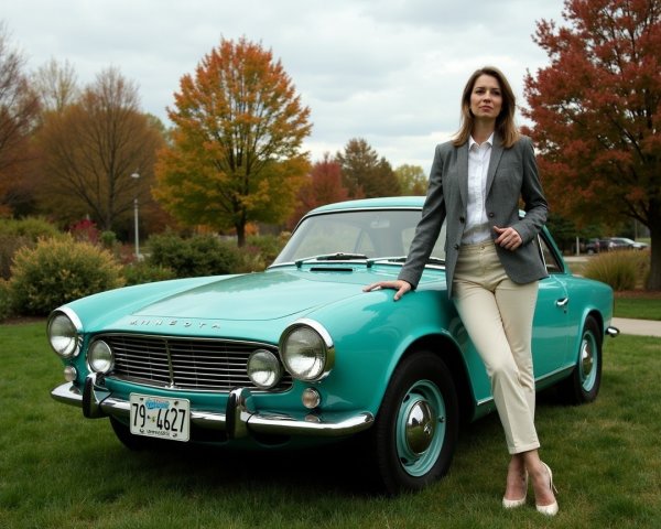 Woman in grey blazer beside vintage turquoise car