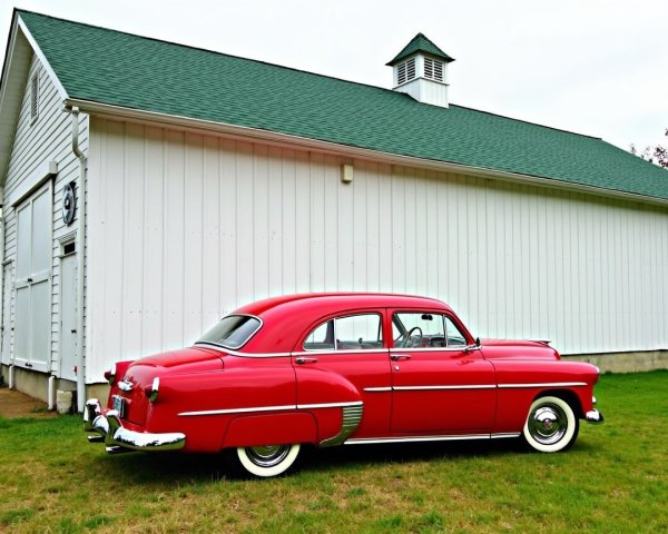 1950s Red Sedan Parked by Barn in Rural Setting