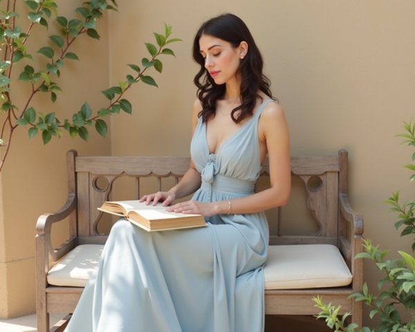 Woman in Light Blue Dress Reading in Greenery