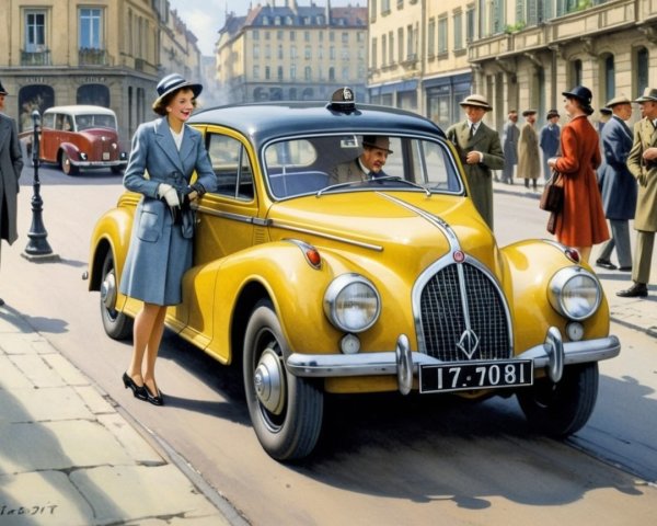 Vintage Street Scene with Stylish Woman and Yellow Cab