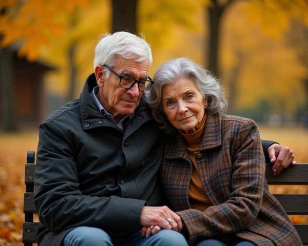 Elderly couple on a park bench in autumn setting