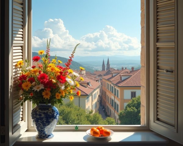 Vibrant Bouquet with Town View and Ripe Oranges