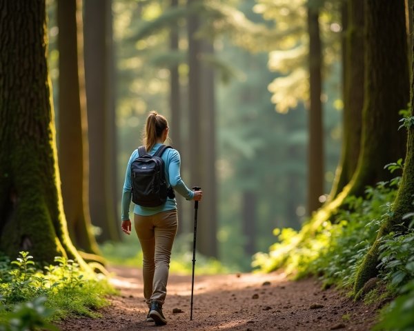 Young woman hiking in a lush forest setting