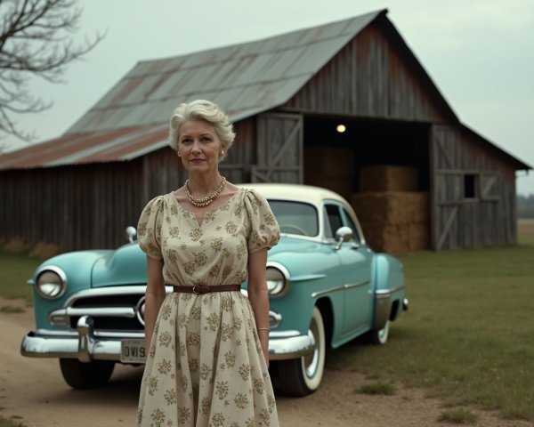 Woman in Floral Dress by Vintage Blue Car in Barn