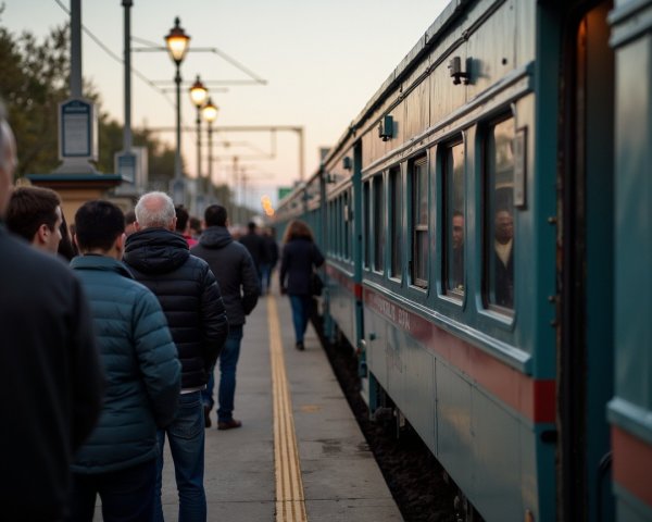 Crowd at Train Station with Vintage Train at Sunset