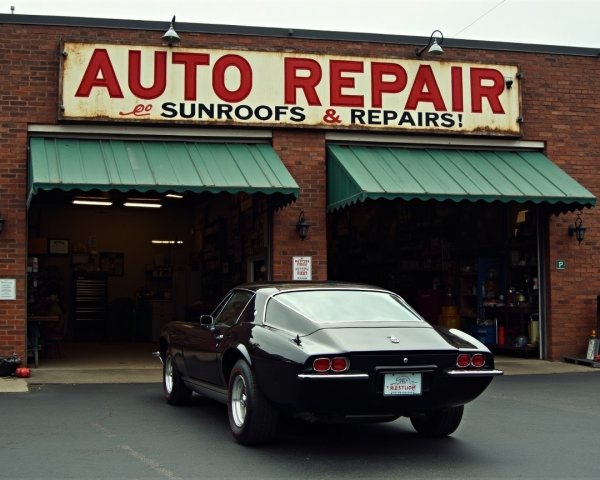 Vintage Black Sports Car at Auto Repair Shop