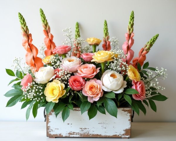 Pastel Floral Arrangement in Rustic Wooden Box