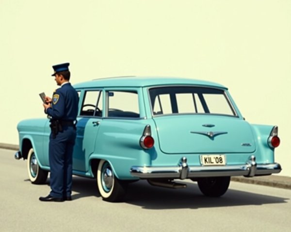 Vintage Blue Station Wagon with Police Officer Nearby