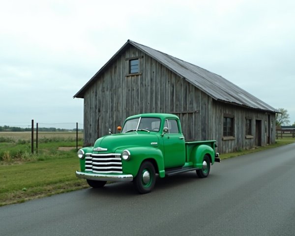 Vintage green pickup truck near rustic barn on road