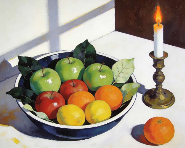 Still Life Oil Painting of Fruit Bowl and Candle