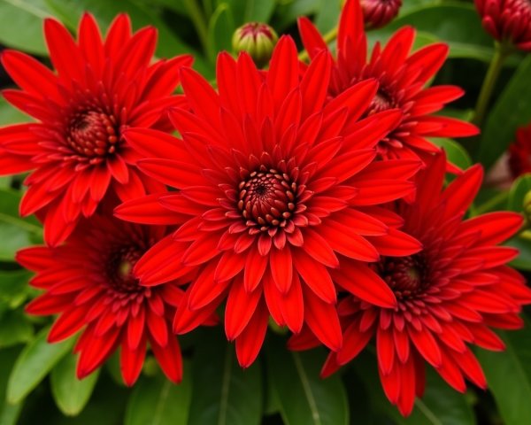 Vibrant Red Flowers with Elongated Petals and Green Leaves
