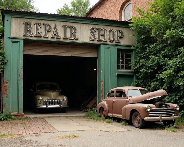 Nostalgic Repair Shop with Vintage Cars and Greenery