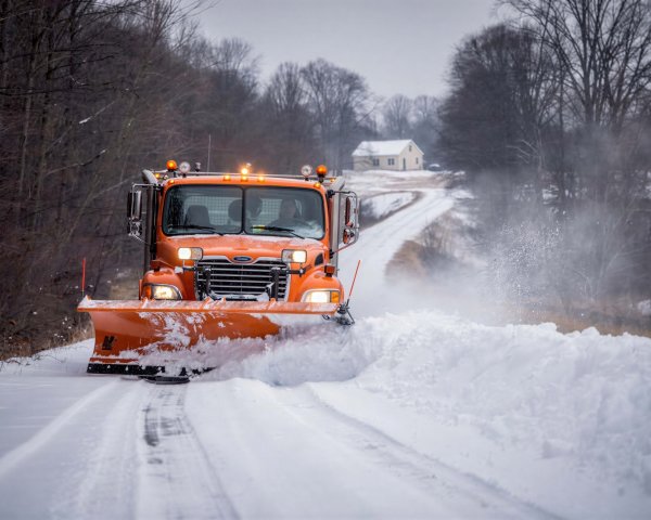 Close-up of an orange snowplow truck clearing snow