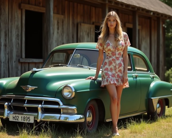 Young Woman in Floral Dress by Vintage Green Car