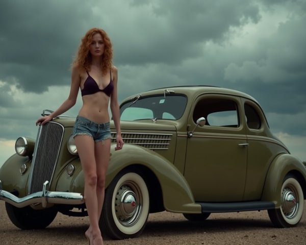 Woman with Curly Red Hair by Vintage Olive-Green Car