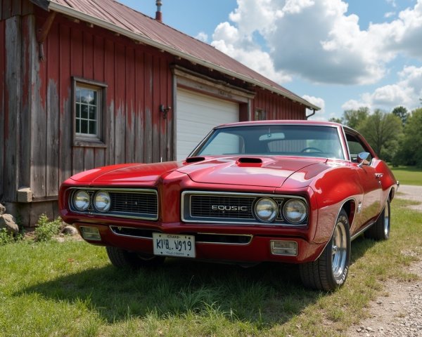 Red Muscle Car Parked by Rustic Barn and Greenery