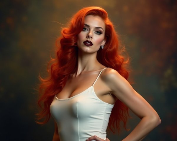 Portrait of a woman with vibrant red hair and bold makeup