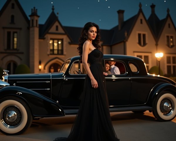 Glamorous Woman in Black Gown by Classic Car and Mansion