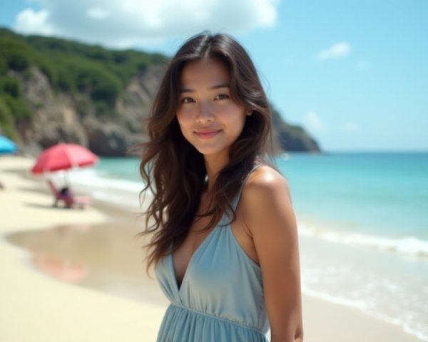 Young woman in light blue dress on sandy beach