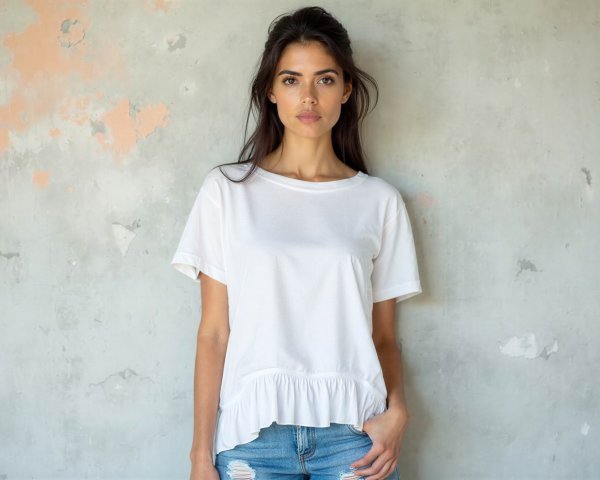 Young woman in casual attire by distressed wall