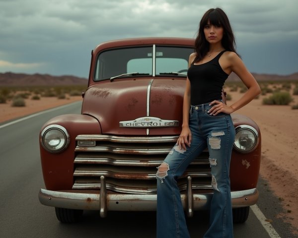 Young Woman by Vintage Chevy in Dusty Landscape
