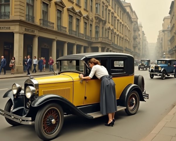 Nostalgic street scene with vintage cars and fashion