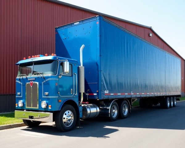 Classic Blue Semi-Truck Parked by Red Barn Scene