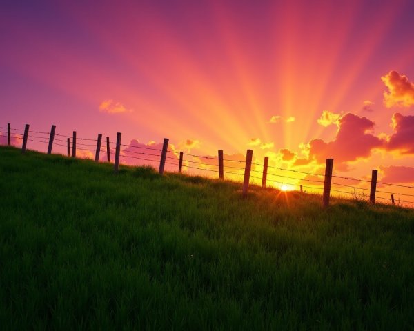 Serene Landscape with Lush Hillside and Vibrant Sunset