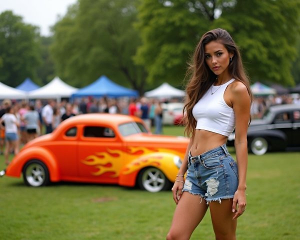 Young woman in casual outfit by classic orange car