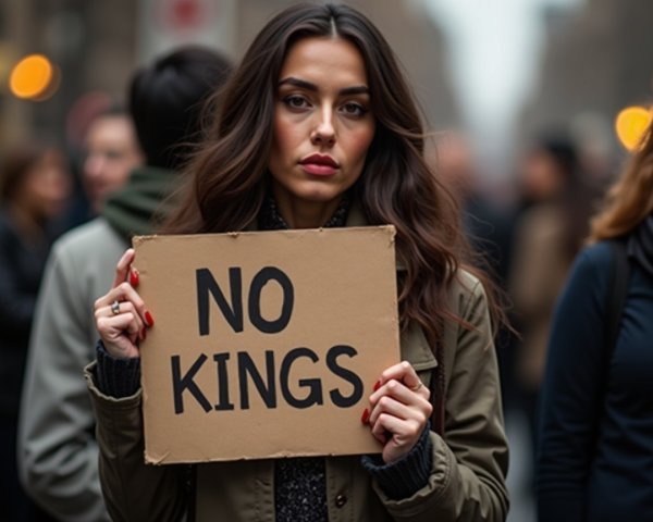 Young Woman with Protest Sign in Urban Crowd