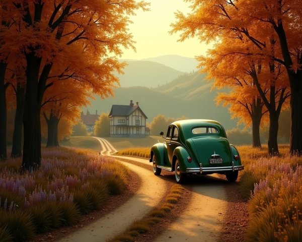 Vintage Green Car on Winding Road with Autumn Trees