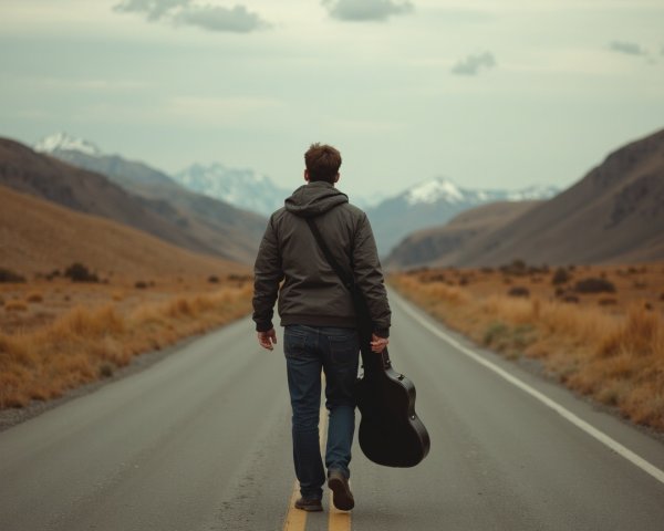 Lone Figure with Guitar on a Deserted Road
