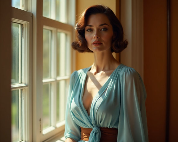 Elegant Woman by Sunlit Window in Vintage Blouse