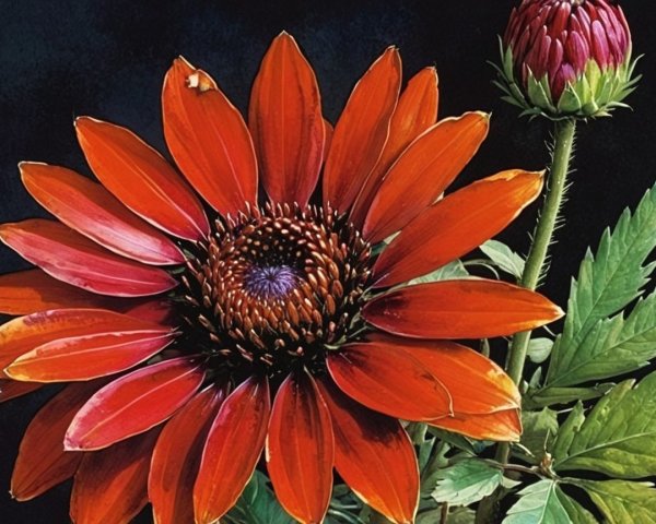 Vibrant Red Flower with Elongated Petals and Green Bud