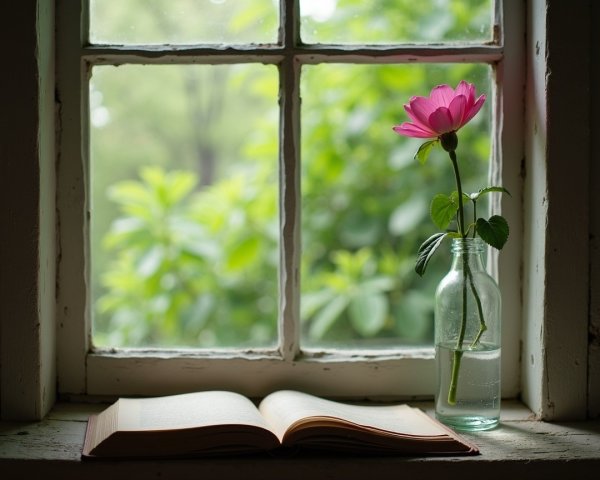 Serene Window Scene with Flower and Open Book
